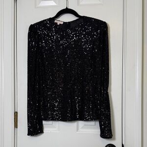 Rebecca Taylor Black Sequin Top Size 2 Shoulder Pads Semi Sheer Party
